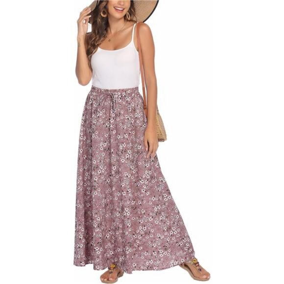 Women Flowy Long Skirts Summer Beach Pleated Elastic High Waisted Maxi Skirt - Picture 1 of 7